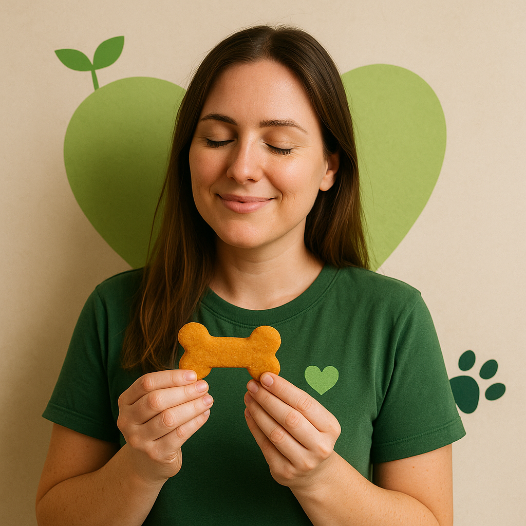 Fundadora de Ladra Verde sosteniendo con amor un snack natural para perros, mostrando el cuidado personal detrás de cada producto