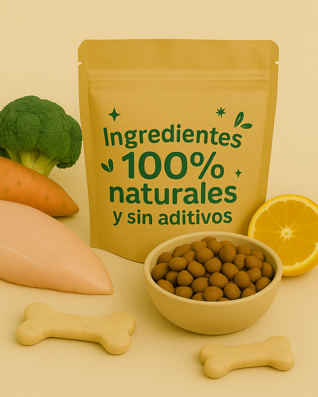 Empaque de Ladra Verde rodeado de ingredientes frescos como brócoli, zanahorias y croquetas naturales