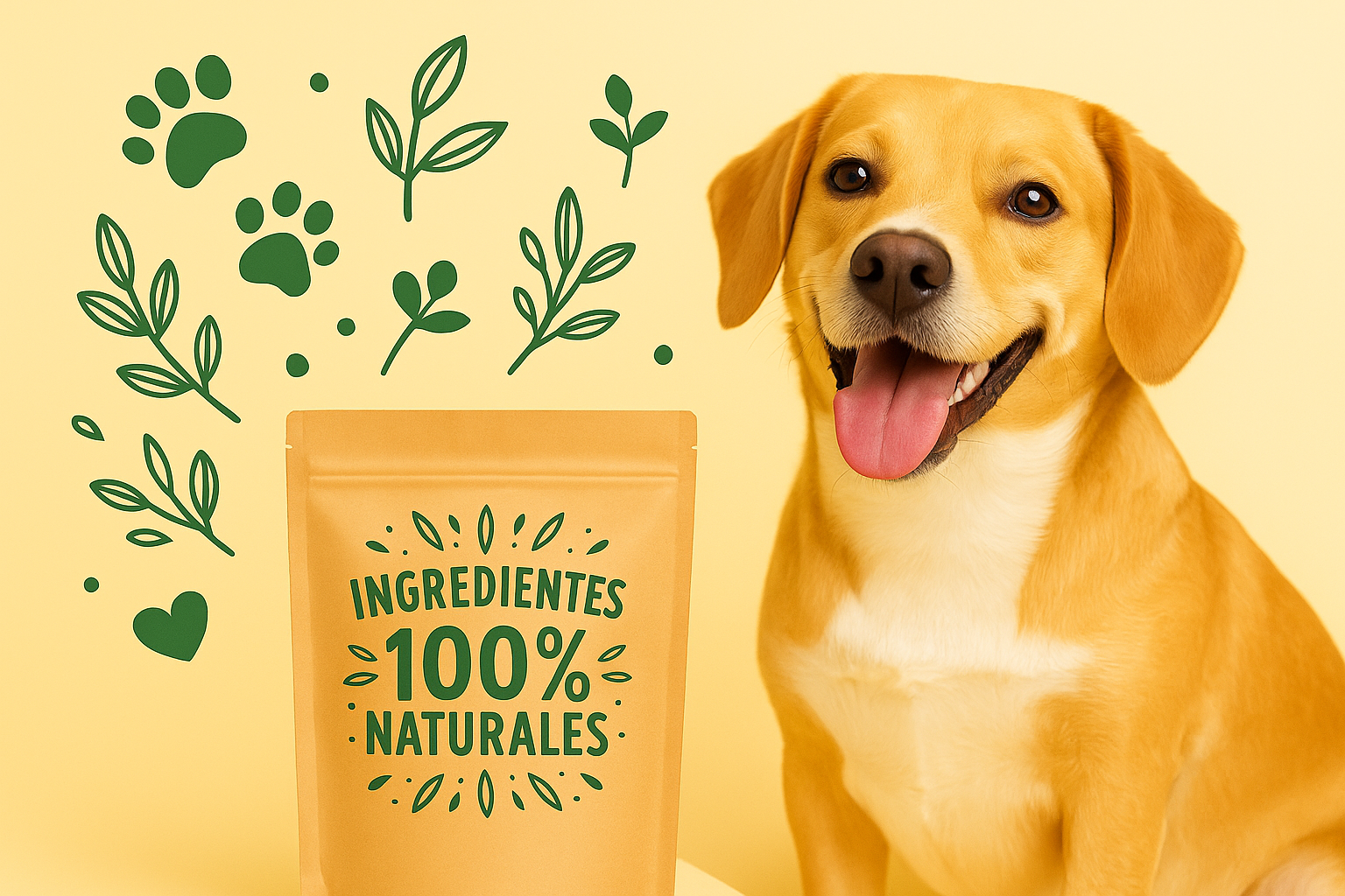 Perro labrador feliz junto al empaque de Ladra Verde con ingredientes 100% naturales