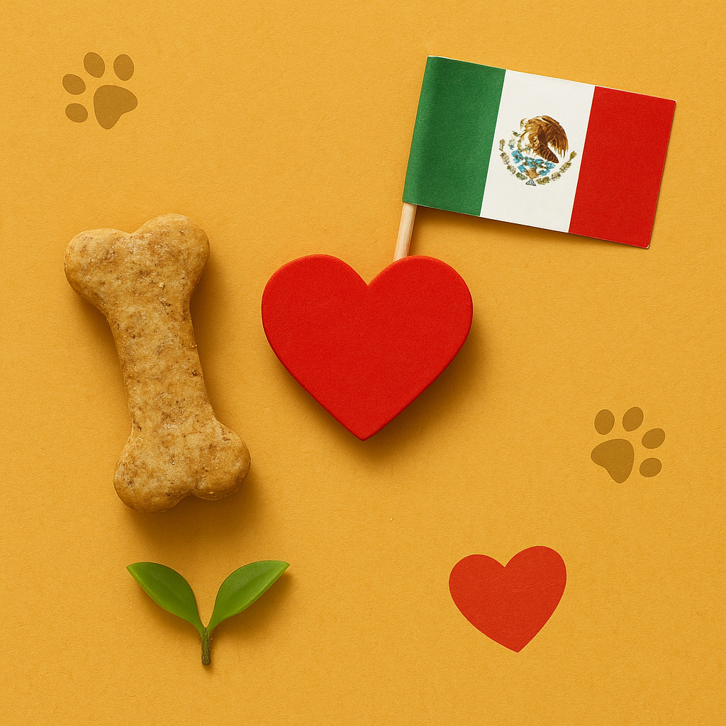Composición con snack natural, bandera de México, corazones y elementos decorativos que representan el amor mexicano