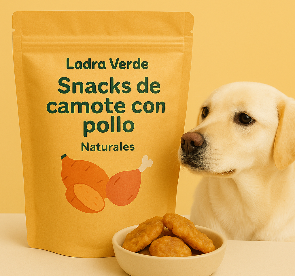 Empaque de Ladra Verde con snacks de camote y pollo, perro labrador feliz y tazón con snacks naturales